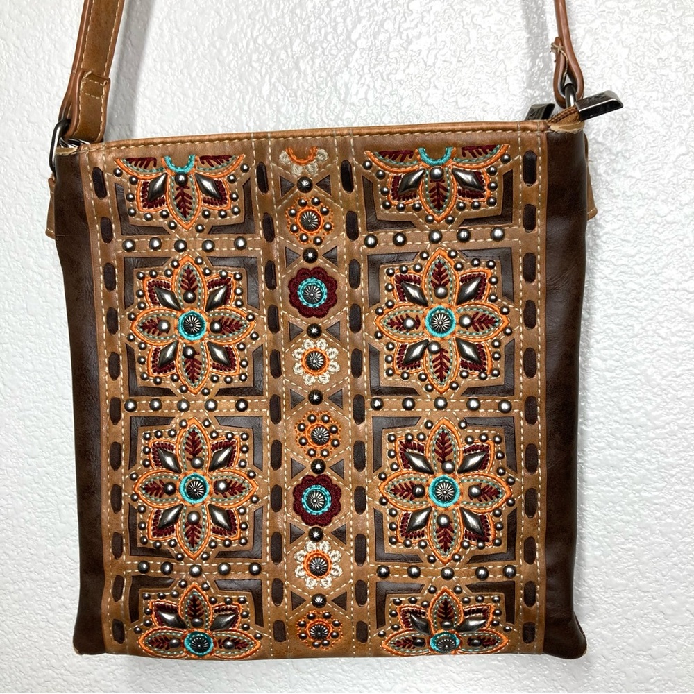 Montana West Brown Turquoise Embroidered Floral Crossbody Bag